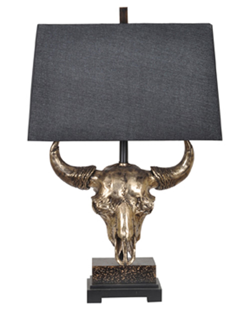 AGED BRONZE RESIN COW BULL SKULL TABLE LAMP / LIGHT LINEN SHADE WESTERN