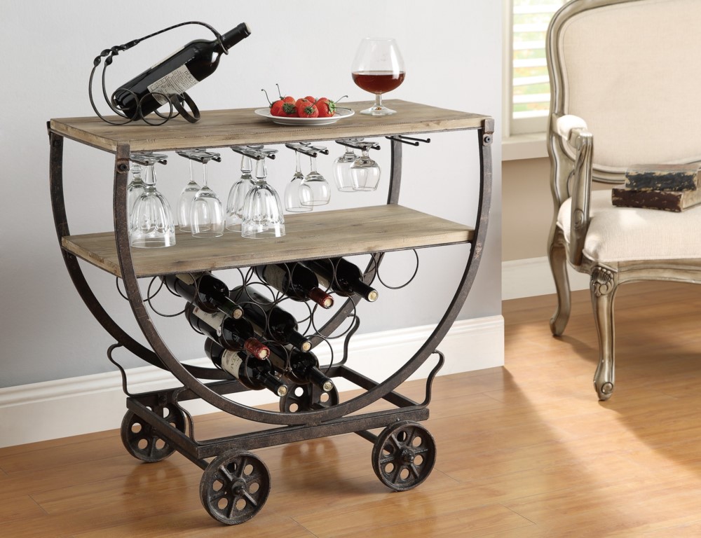 INDUSTRIAL WOOD & METAL ACCENT ROOLING WINE SERVING CART RUSTIC VINTAGE