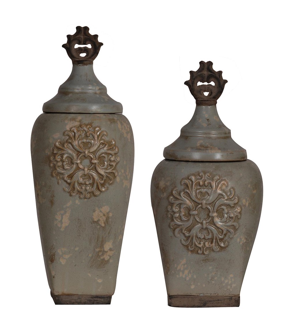 FOUR NEW TUSCAN STYLE AGED RUSTIC FINISH CERAMIC DECORATIVE URNS